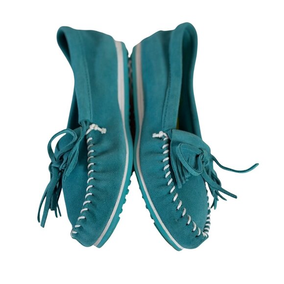 Minnetonka Turquoise Suede Moccasins Kitty Plus Womens Size 10 Fringe Whipstitch - Picture 6 of 16